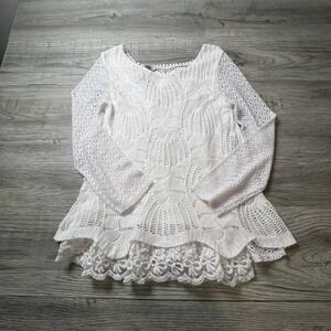 LA SEINE Crochet Top Womens‎ Small White Lace Layered Boho Long Sleeve AC38